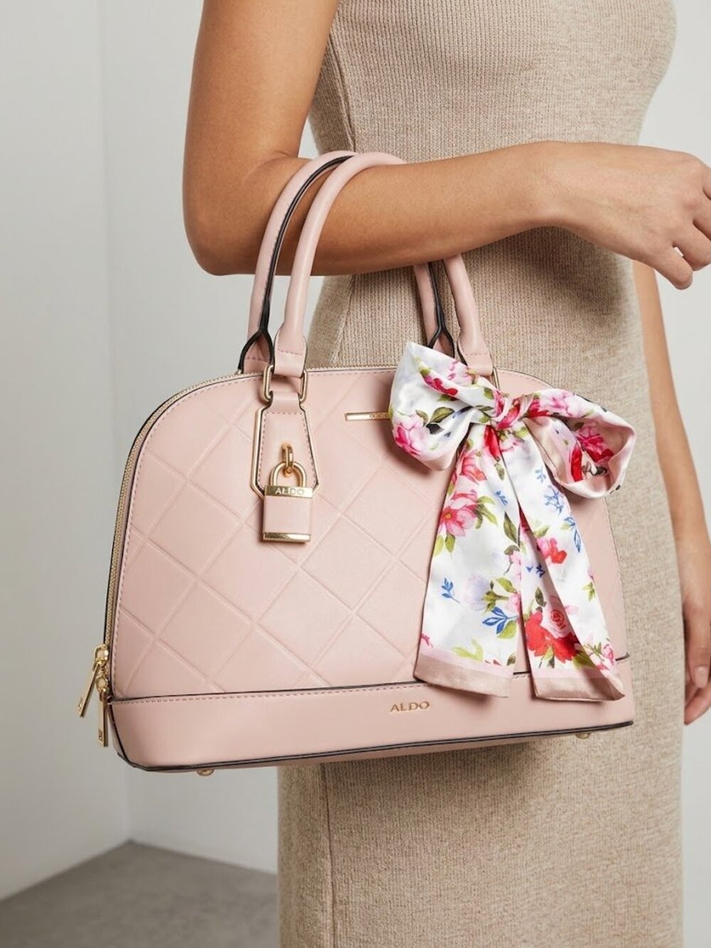 ALDO Blush Pink Quilted Dome Satchel Bag Floral Scarf & Padlock Charm